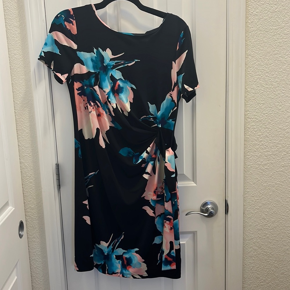 Knee length stretchy faux wrap dress